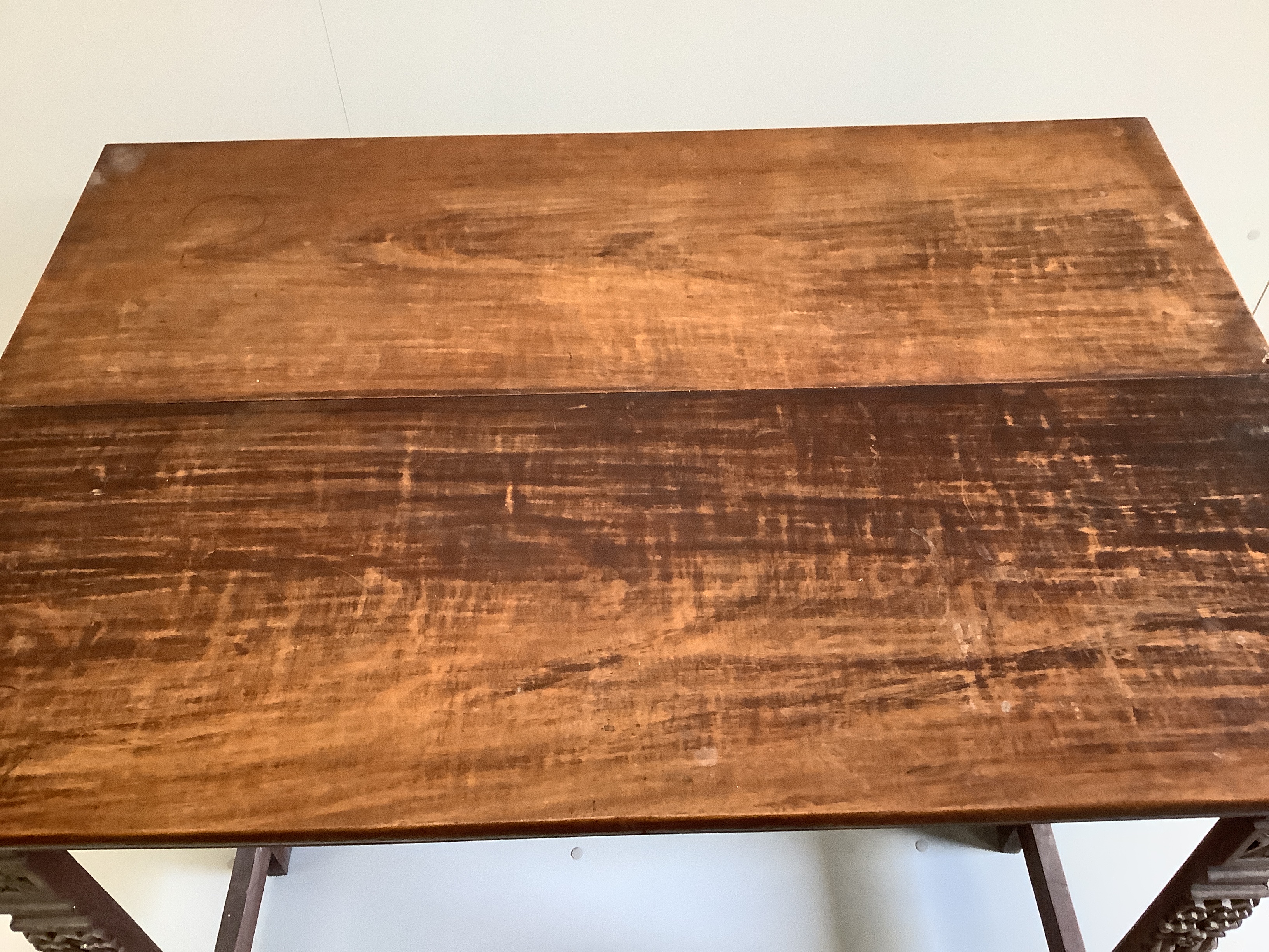 A late 19th century Anglo-Indian rectangular padouk folding table, width 103cm, depth 72cm, height 77cm